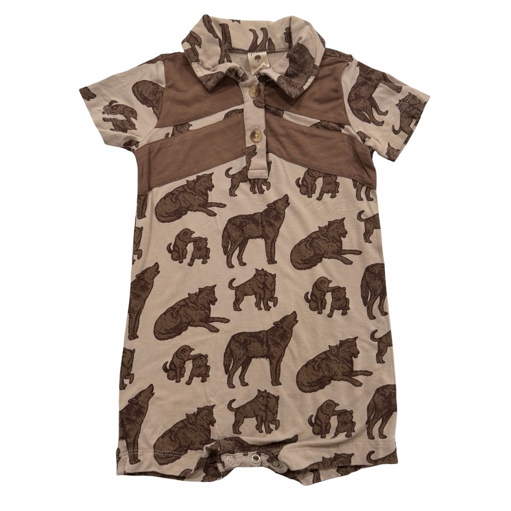 Kate Quinn Coyote Wolf Print Bamboo Polo Romper 12–18M